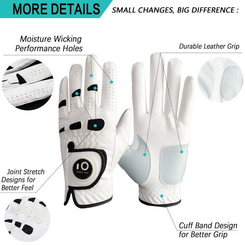 FINGER TEN Men’s Golf Glove Left Hand Right with Ball Marker Value 2 Pack, Weathersof Grip Soft Comfortable, Fit Size Small Medium ML Large XL (Large, Worn on Left Hand) - Image 2