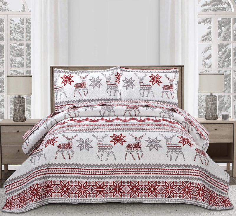 Christmas Quilt Set Queen Size Christmas Bedding Xmas Quilt Bedspread Coverlet Holiday Christmas Bed Set Deer Snowflake Christmas Decor Quilt Soft Lightweight Christmas Quilt BeddingRed White
