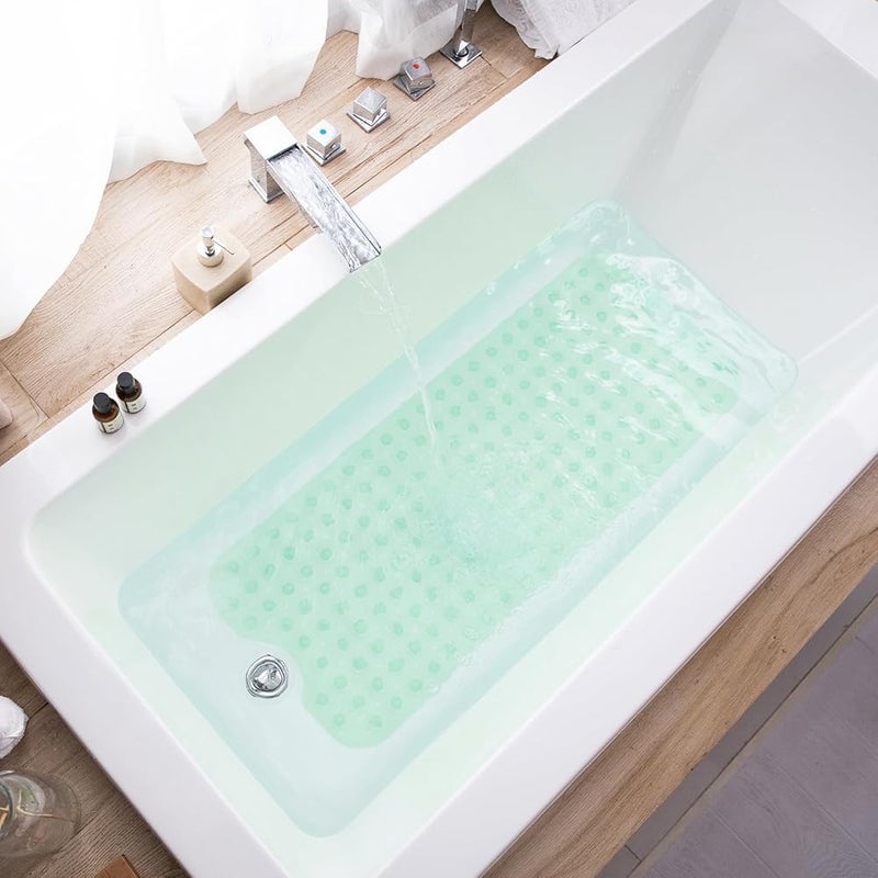 Non Slip Bathroom Mat Suction Cup Safety Shower Rug Transparent Waterproof Soft PVC Floor Protector Bathtub Anti Skid Design 100x40 cm Hygiene Home Use (Green) - Image 1
