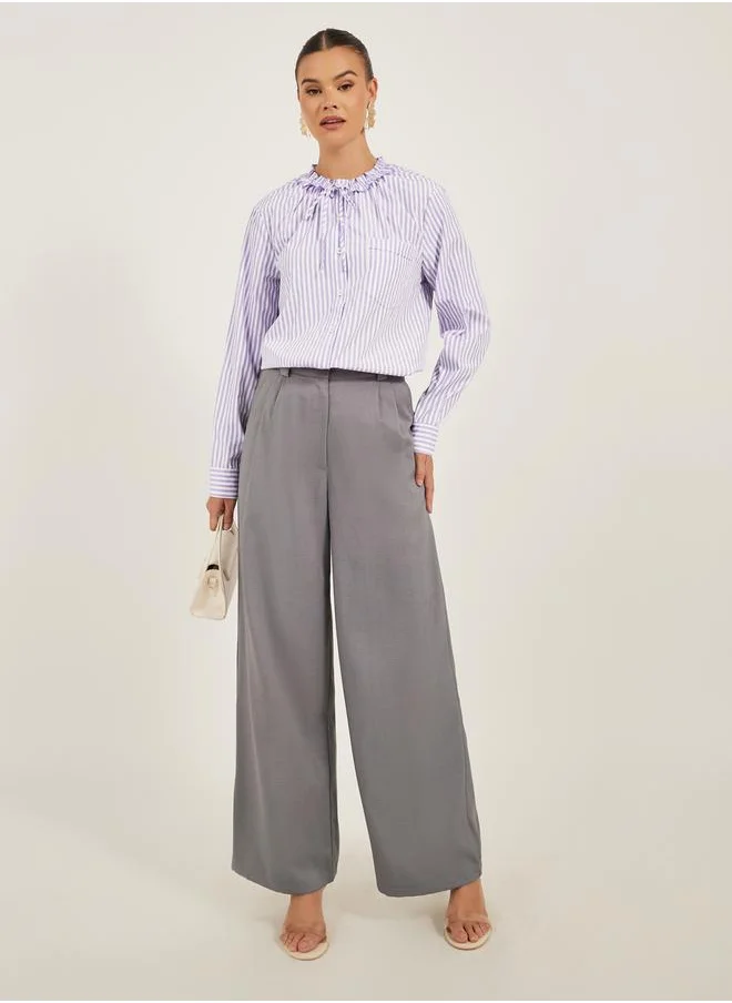 لوكس ويف Striped Ruffled Neck Regular Fit Shirt by Styli