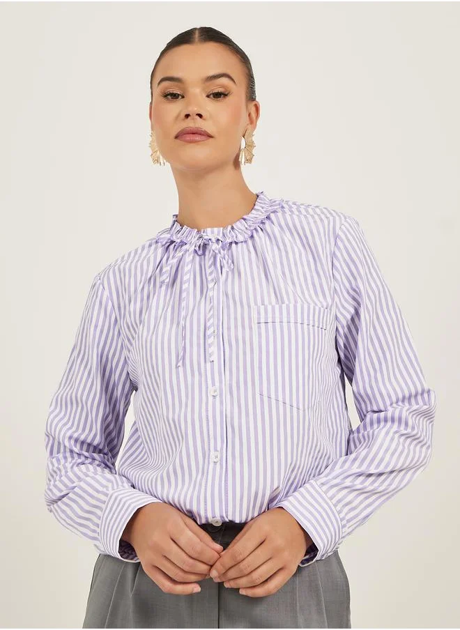 لوكس ويف Striped Ruffled Neck Regular Fit Shirt by Styli