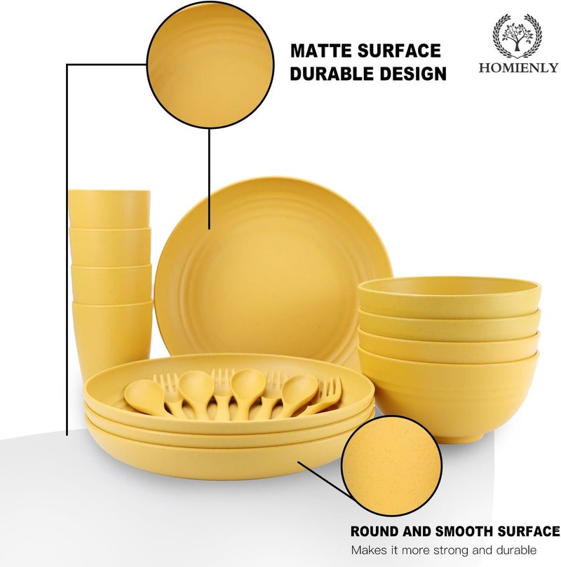 Homienly Wheat Straw Dinnerware Sets 20pcs Unbreakable Microwave Dishwasher Safe Tableware Lightweight Bowls Cups Plates Set Reusable Dinner Plates Bowls set Yellow - Image 5