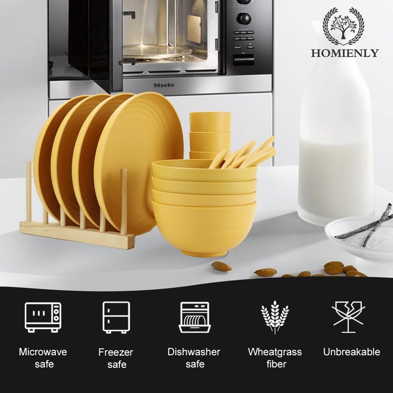 Homienly Wheat Straw Dinnerware Sets 20pcs Unbreakable Microwave Dishwasher Safe Tableware Lightweight Bowls Cups Plates Set Reusable Dinner Plates Bowls set Yellow - Image 4