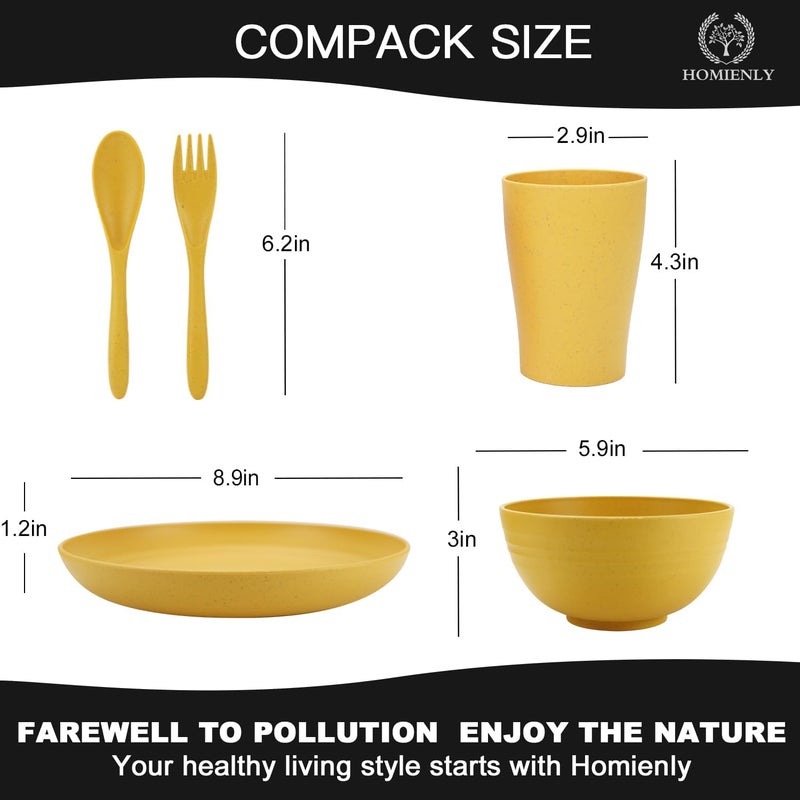 Homienly Wheat Straw Dinnerware Sets 20pcs Unbreakable Microwave Dishwasher Safe Tableware Lightweight Bowls Cups Plates Set Reusable Dinner Plates Bowls set Yellow - Image 2
