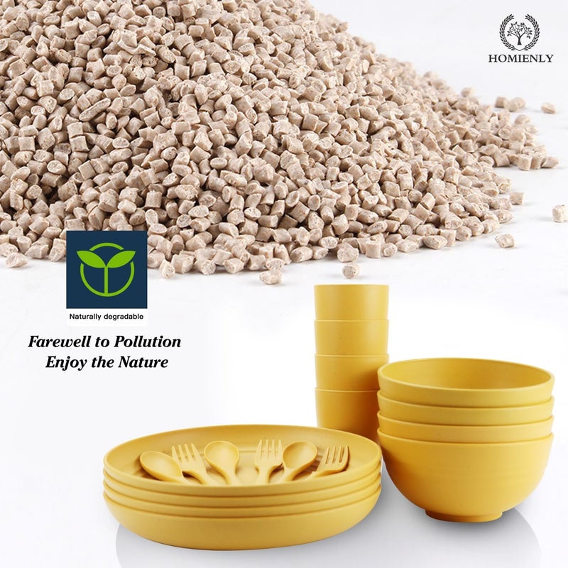Homienly Wheat Straw Dinnerware Sets 20pcs Unbreakable Microwave Dishwasher Safe Tableware Lightweight Bowls Cups Plates Set Reusable Dinner Plates Bowls set Yellow - Image 3