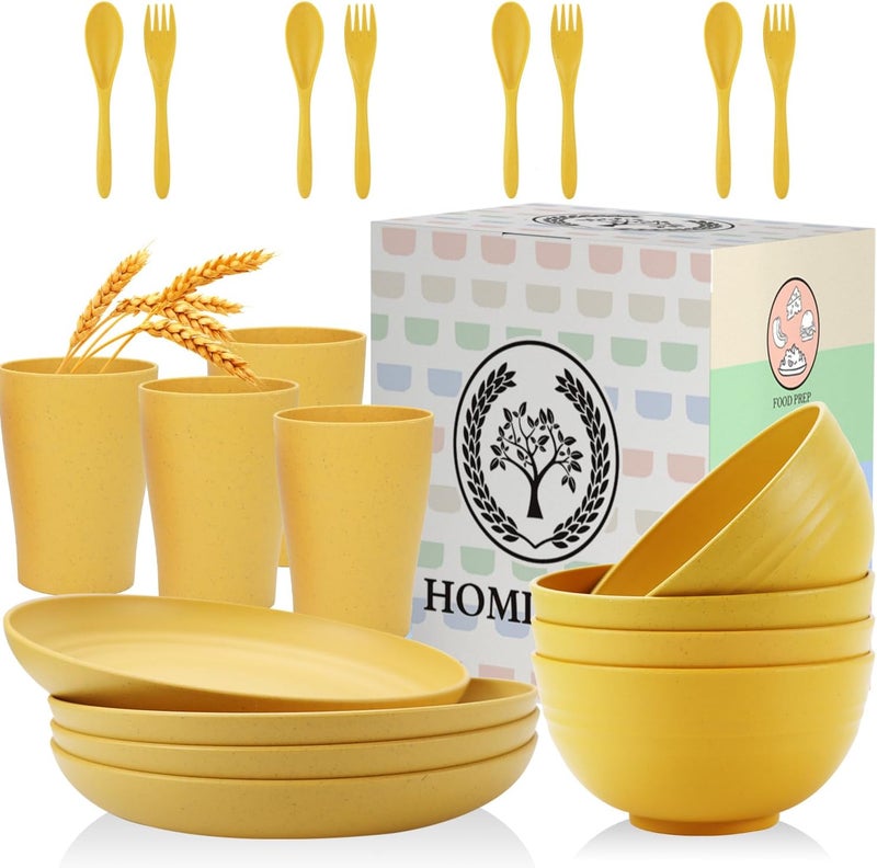 Homienly Wheat Straw Dinnerware Sets 20pcs Unbreakable Microwave Dishwasher Safe Tableware Lightweight Bowls Cups Plates Set Reusable Dinner Plates Bowls set Yellow - Image 1
