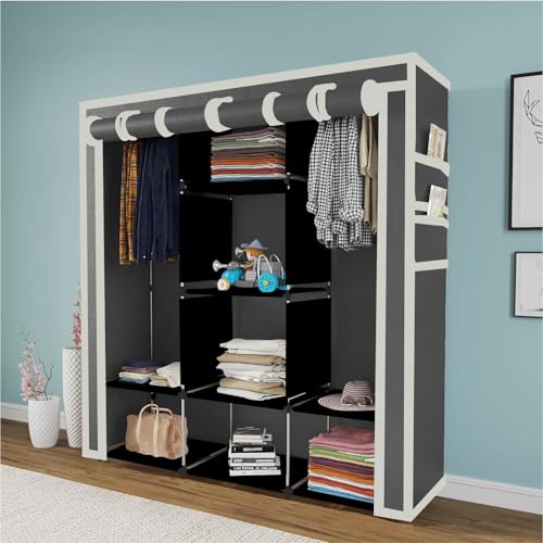 GTC® Collapsible Wardrobe Portable Foldable Closet for Clothes Almira, 2 Hanging Space, 8 Shelves and 2 Side Pocket Non-Woven Fabric 90 GSM (88130G-N (Grey)) - Image 1