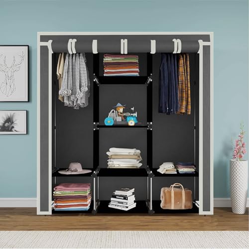 GTC® Collapsible Wardrobe Portable Foldable Closet for Clothes Almira, 2 Hanging Space, 8 Shelves and 2 Side Pocket Non-Woven Fabric 90 GSM (88130G-N (Grey)) - Image 2