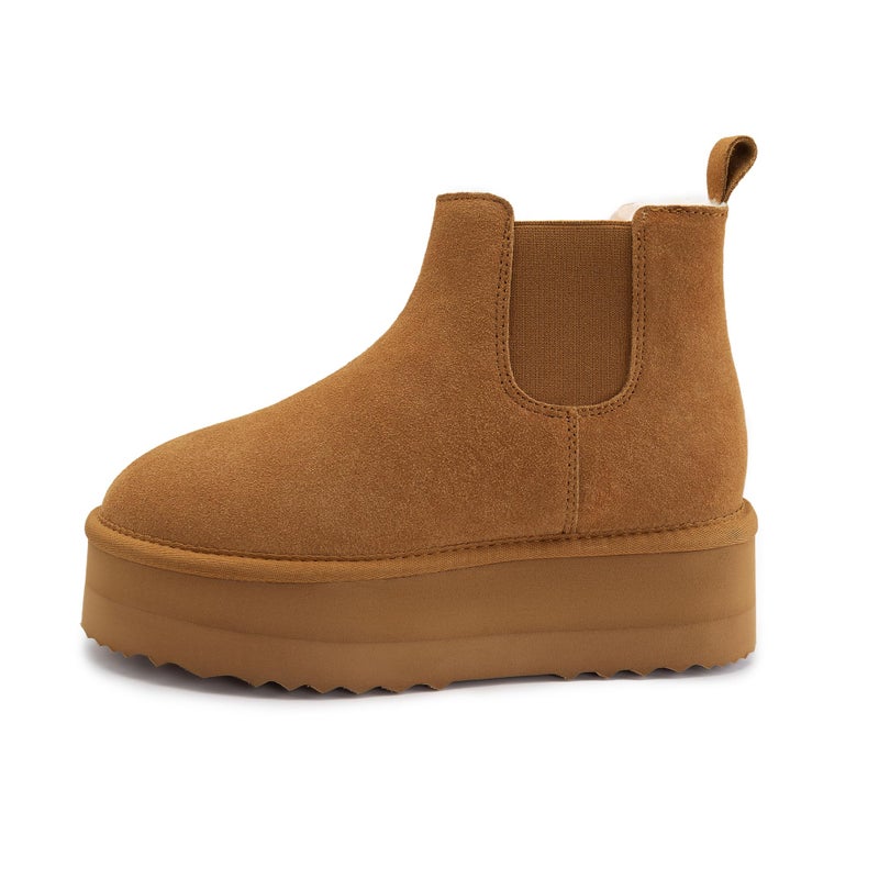 Athlefit Genuine Suede Platform Snow Boots for Women - Slip On Faux Fur Winter Warm Ankle Short Boots - Anti-Slip Memory Foam Insole Comfort Outdoor Snow Boots Shoes, Chestnut, Size 11, AD01433 - Image 3