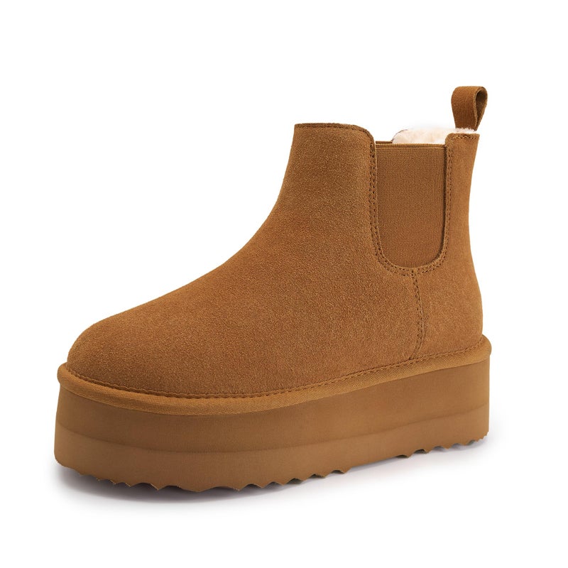 Athlefit Genuine Suede Platform Snow Boots for Women - Slip On Faux Fur Winter Warm Ankle Short Boots - Anti-Slip Memory Foam Insole Comfort Outdoor Snow Boots Shoes, Chestnut, Size 11, AD01433 - Image 1