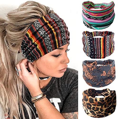 YONUF Wide Boho Headbands for Women Fashion Knotted Headband Yoga Workout Hair Accessories African Head Wrap 4 Pack - Image 1