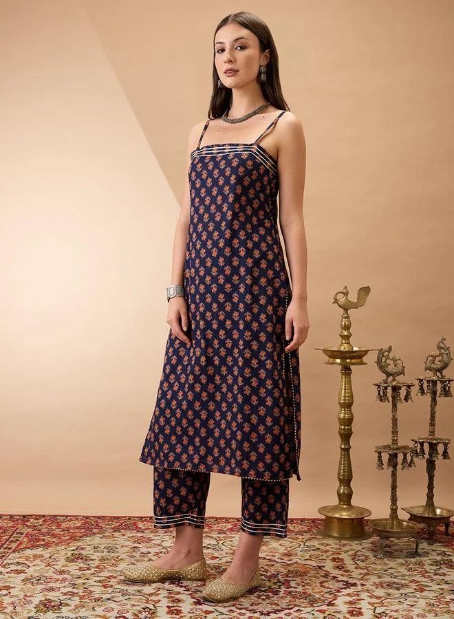 globus Women Navy Blue Strappy Floral Print Straight Kurta with Pants Set