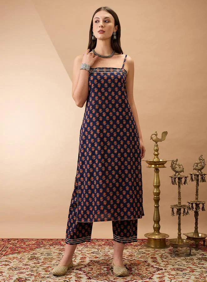 globus Women Navy Blue Strappy Floral Print Straight Kurta with Pants Set
