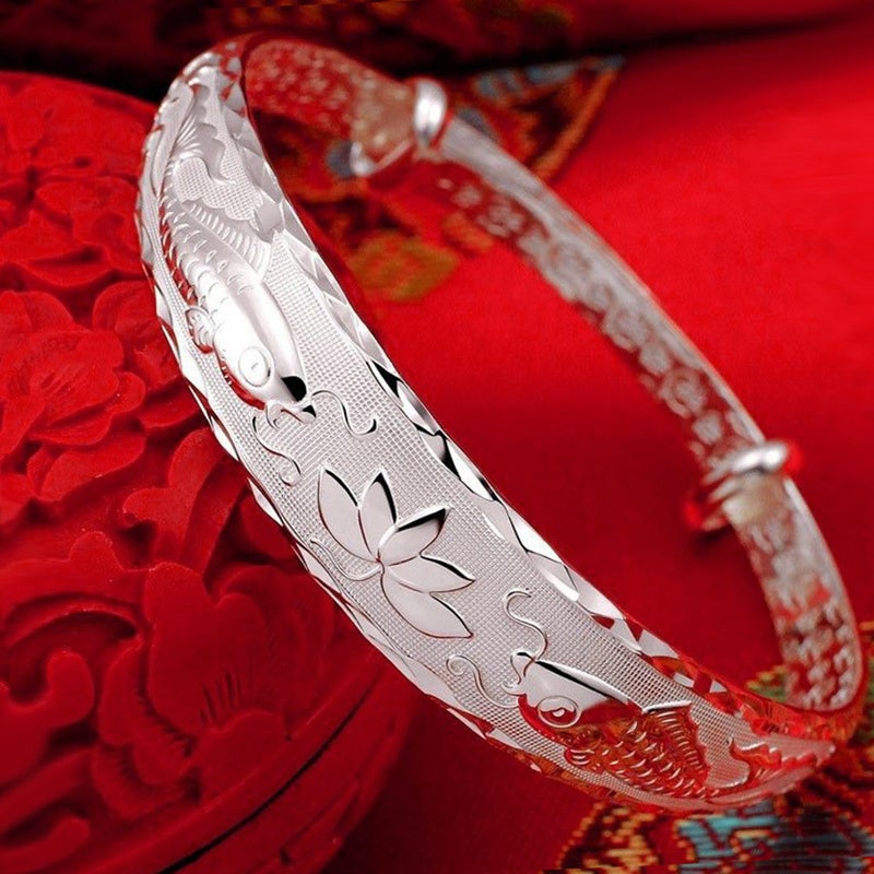 Double Fish Lotus Bangle Silver White (silver plated copper) 