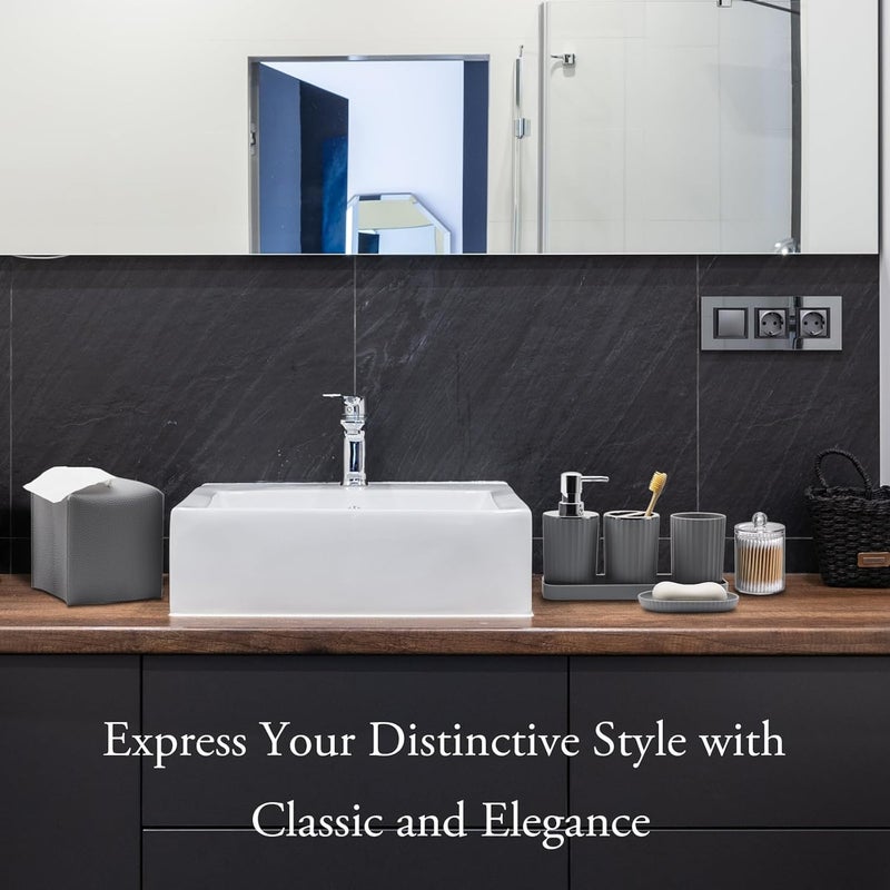 Bthenov Bathroom Accessory Set - 10 Piece Grey Bathroom Accessories Set with Trash Can, Toothbrush Holder and Cup, Soap Dispenser, Soap Dish, Toilet Brush Holder, Vanity Tray, Qtip Holder, Tissue Box Cover - Image 3