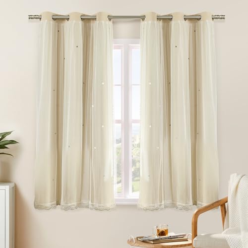 XiDi Beige Curtains with Sheer Overlay for Living Room Bedroom 2 Panels Star Hollow Out 80 Blackout Double Layer Curtains for Kids Girls Room Darkening Grommet Window Drapes with Tiebacks W34 X L63 - Image 1