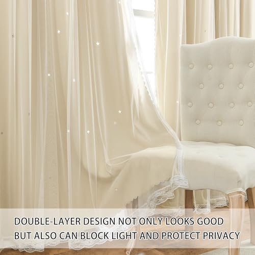 XiDi Beige Curtains with Sheer Overlay for Living Room Bedroom 2 Panels Star Hollow Out 80 Blackout Double Layer Curtains for Kids Girls Room Darkening Grommet Window Drapes with Tiebacks W34 X L63 - Image 3