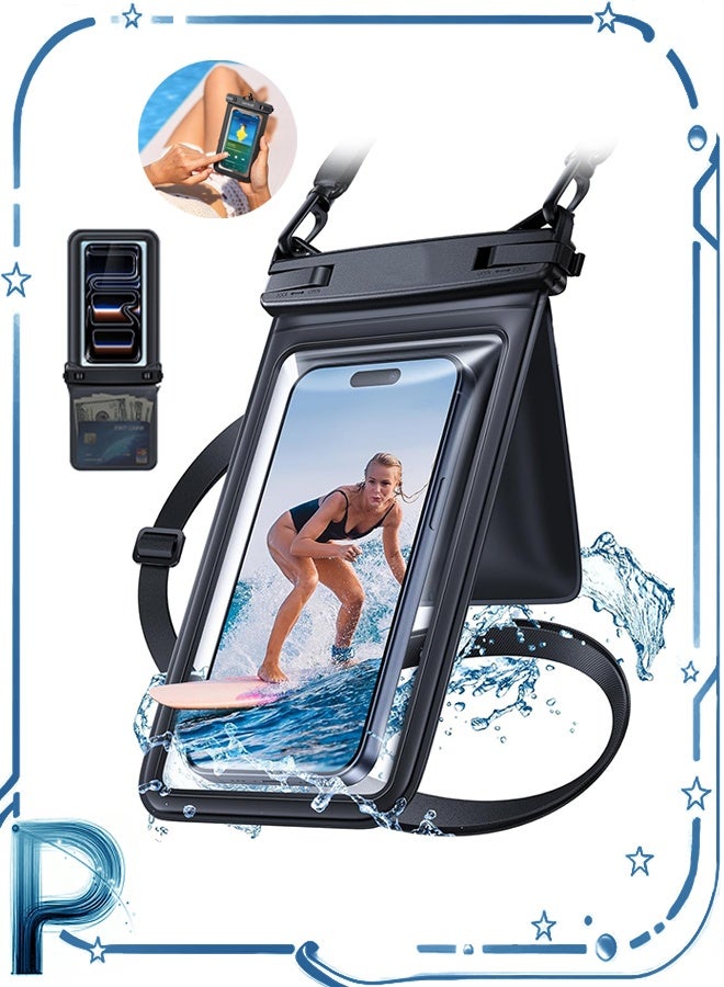 Photon Waterproof Phone Pouch Double Space, IPX8 Waterproof Phone Case with Lanyard, Clear Dry Bag with Secure Closure (Black) - Image 1