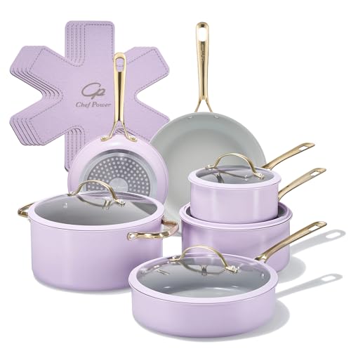 Chef Power Ceramic Cookware Sets, 15Pcs Pots and Pans Set Non Stick, Cookware Set with Stainless Steel Handle, Dishwasher & Oven Safe, Light Purple and Granite Grey - Image 1