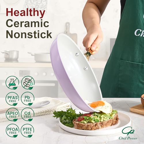 Chef Power Ceramic Cookware Sets, 15Pcs Pots and Pans Set Non Stick, Cookware Set with Stainless Steel Handle, Dishwasher & Oven Safe, Light Purple and Granite Grey - Image 3