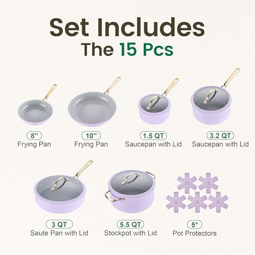 Chef Power Ceramic Cookware Sets, 15Pcs Pots and Pans Set Non Stick, Cookware Set with Stainless Steel Handle, Dishwasher & Oven Safe, Light Purple and Granite Grey - Image 2
