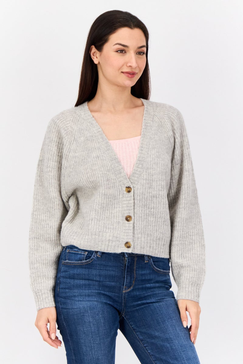 ESPRIT Women V Neck Knitted Cropped Cardigan, Grey  - Image 1