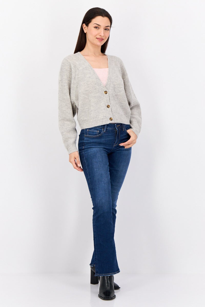 ESPRIT Women V Neck Knitted Cropped Cardigan, Grey  - Image 4