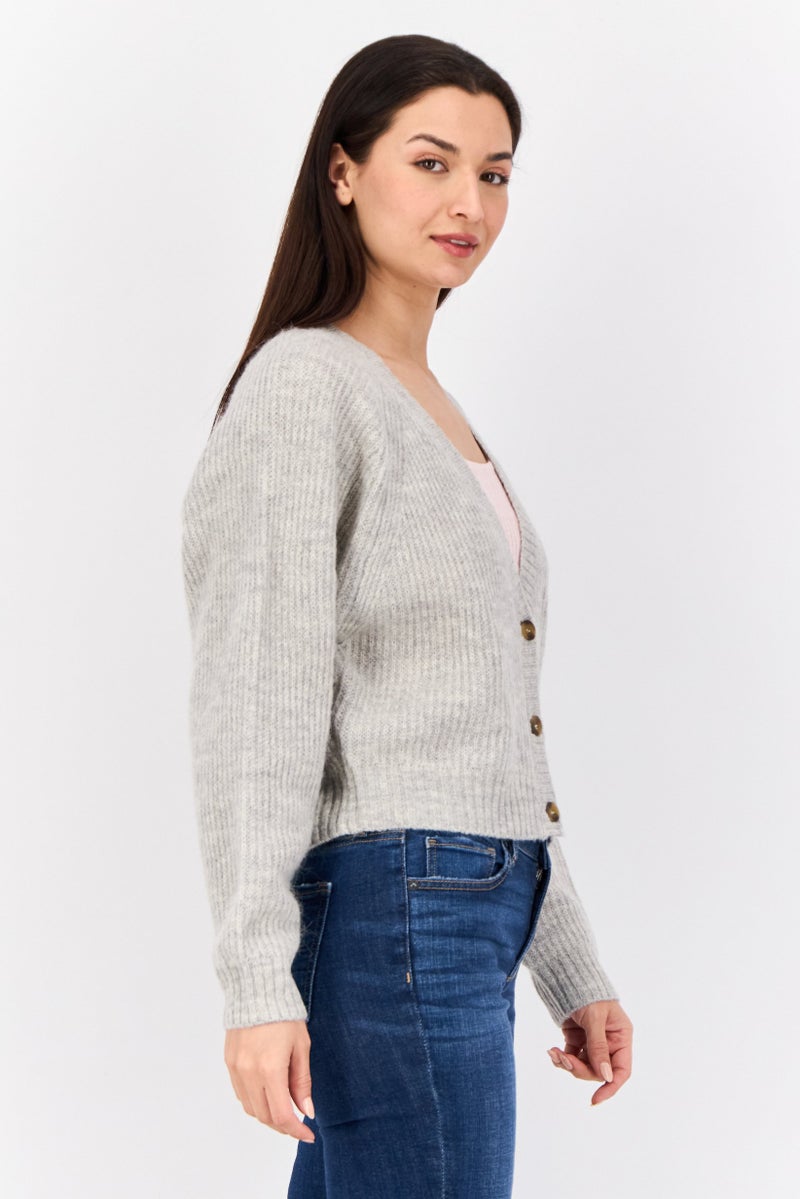 ESPRIT Women V Neck Knitted Cropped Cardigan, Grey  - Image 2