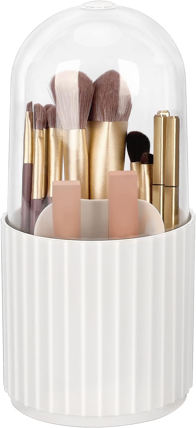 JessLab JessLab Makeup Brush Holder Organizer with Lid, 360 Degree Rotatable Makeup Brush Organizer Spinning Cosmetics Holders Brush Storage Box Display for Bathroom Vanity Countertop, White 