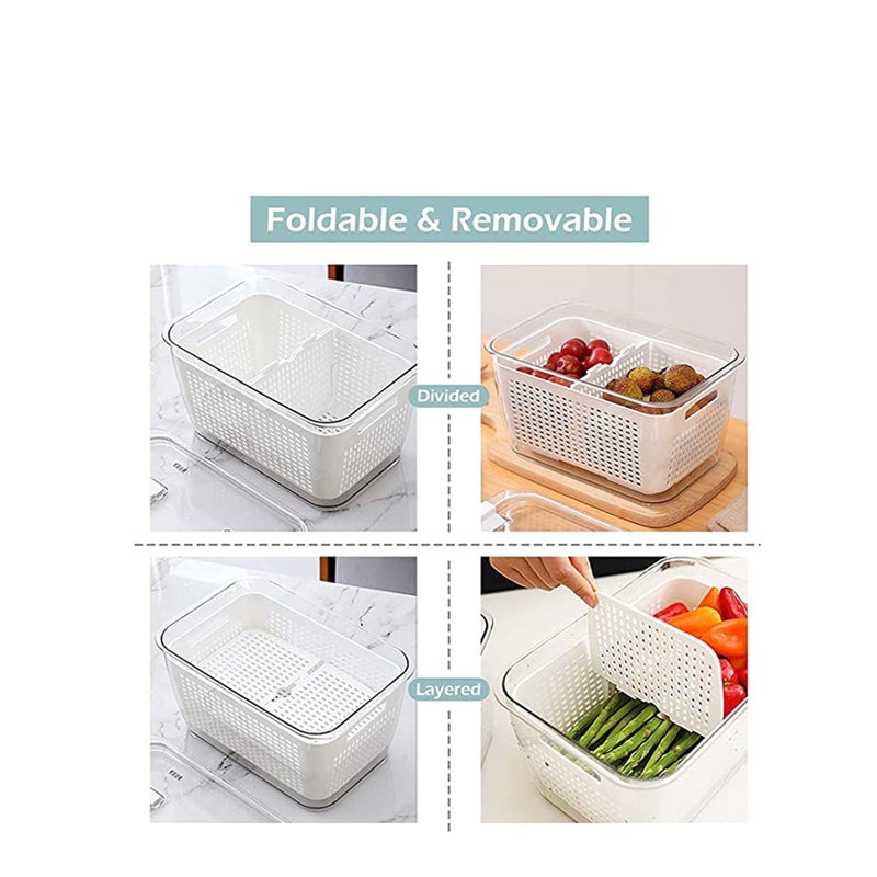 SOLARAE Fridge Organizers and Storage, Medium 3-in-1 Draining Crisper with Strainer for Fruits Vegetables Airtight with Vent & Drain Fridge Organizer White - Image 4