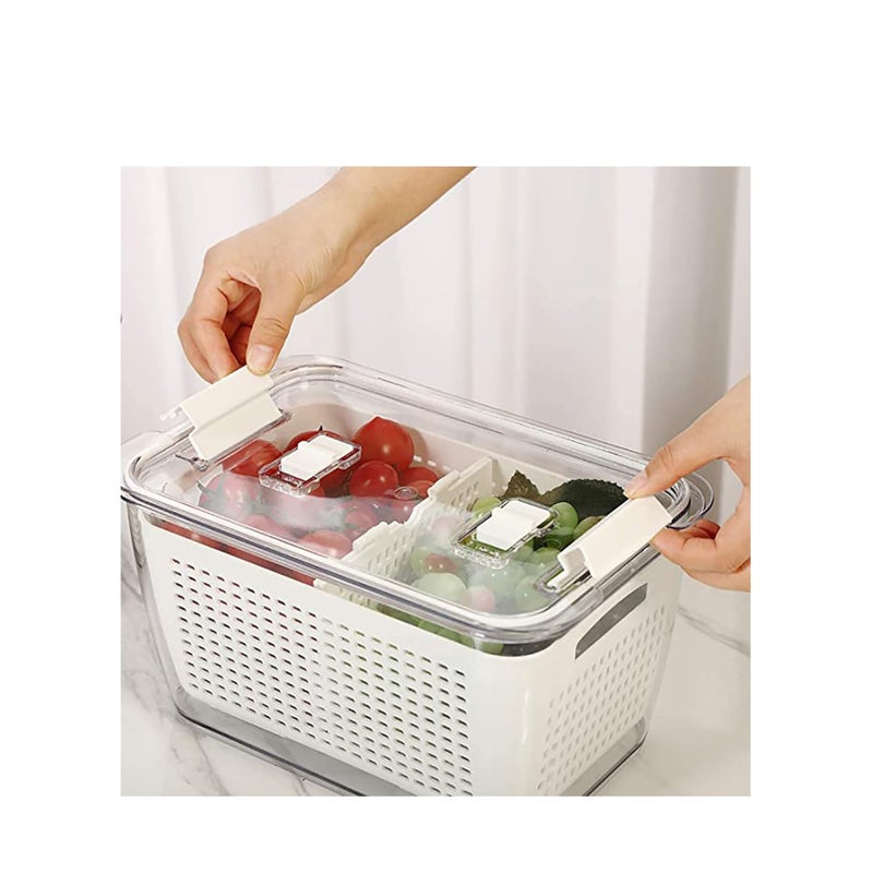 SOLARAE Fridge Organizers and Storage, Medium 3-in-1 Draining Crisper with Strainer for Fruits Vegetables Airtight with Vent & Drain Fridge Organizer White - Image 1