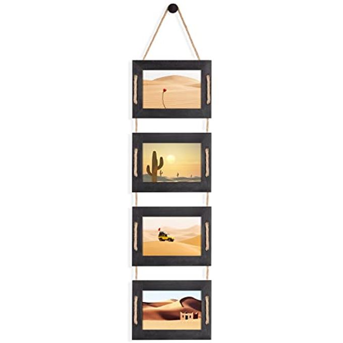 DLQuarts 4x6 Hanging Collage Picture Frames Wall Decor, 4-Opening 4x6 Photo without Mat Rustic Wood Frame with Hemp Rope, 1 Pack, Weathered Black - Image 1