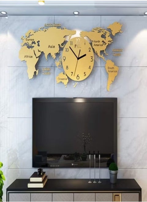 World Map Wall Clock Modern 3D Design Ultra Quiet Material Acrylic Golden