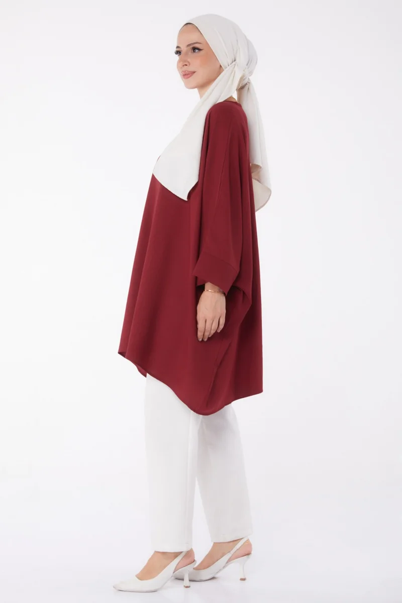 Tofisa Plain Crew Neck Women's Burgundy Tunic - 11408