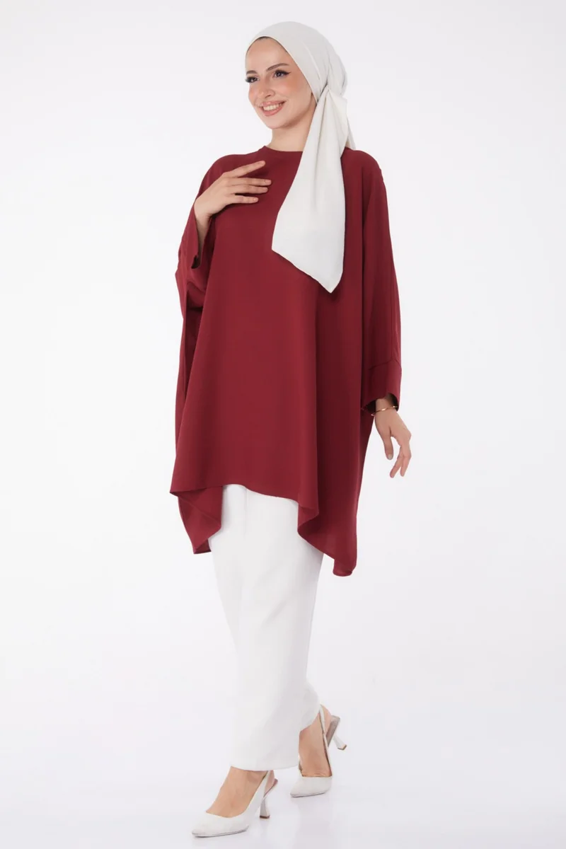 Tofisa Plain Crew Neck Women's Burgundy Tunic - 11408