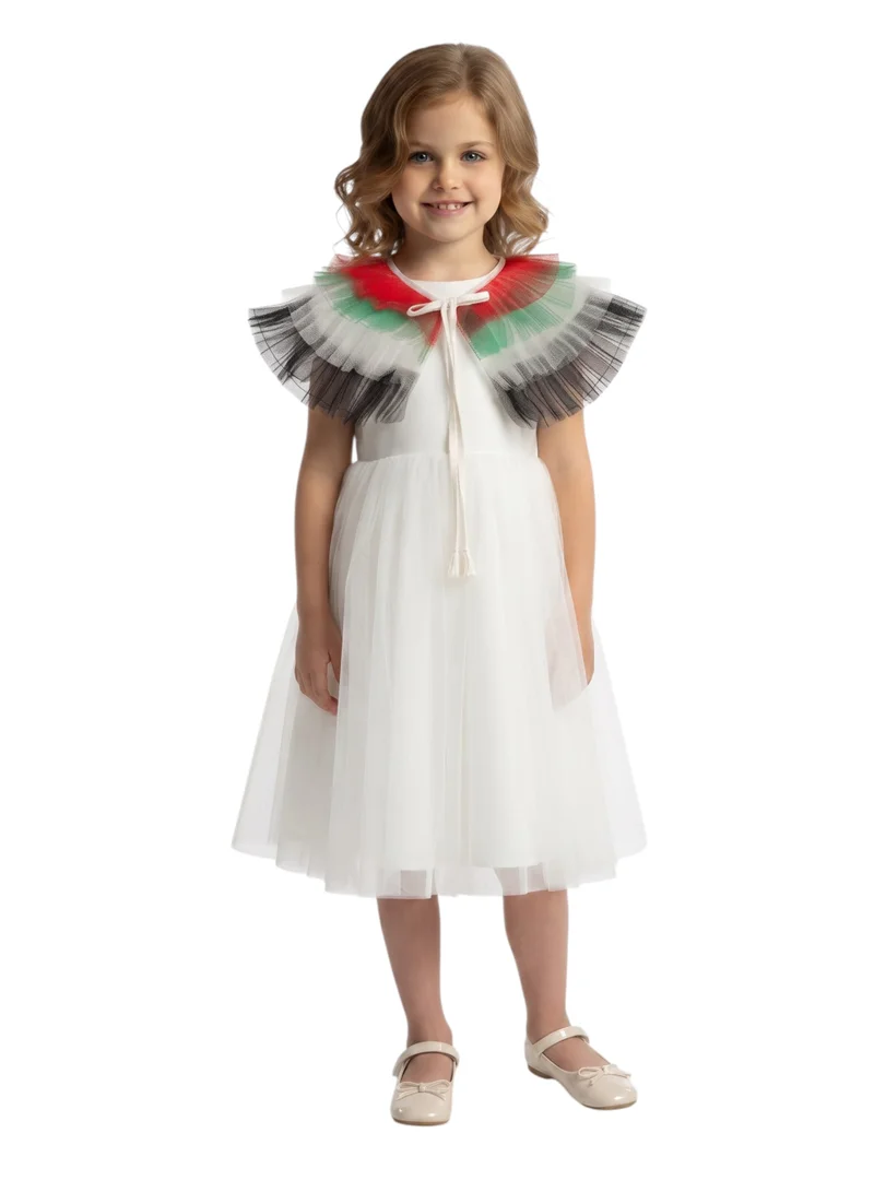 D'daniela 2-in-1 Girls UAE National Day Ruffle Sleeve Dress with Detachable Flag Shoulder Wrap