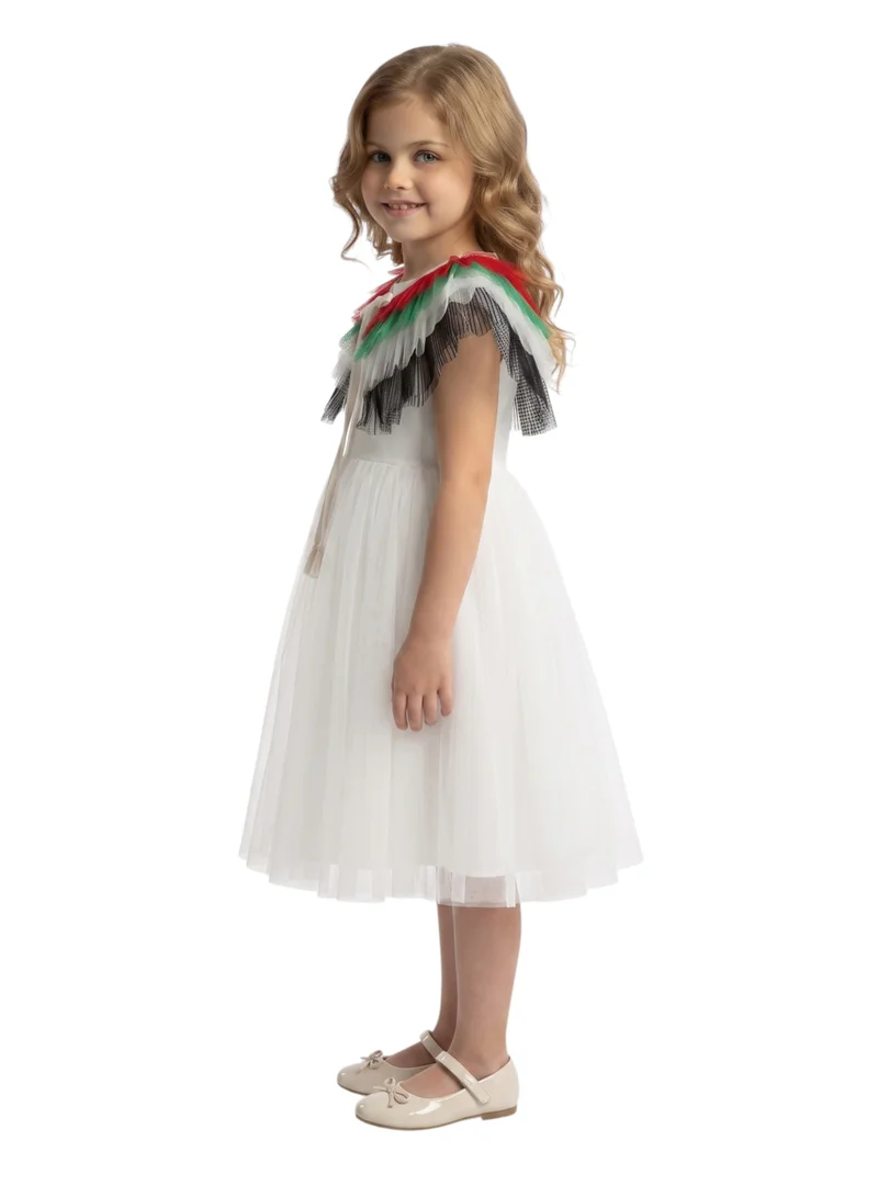 D'daniela 2-in-1 Girls UAE National Day Ruffle Sleeve Dress with Detachable Flag Shoulder Wrap