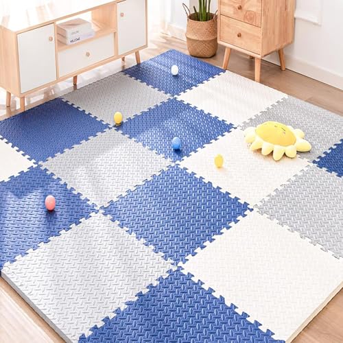 SIGNATRON Puzzle Flooring || Kids Interlocking Play mat || Shop Floor Mat || Kitchen Floor Mat || Pet Mat ||12 MM Thick (6 Tiles - 24 Square Feet, Grey - Blue - White) - Image 1