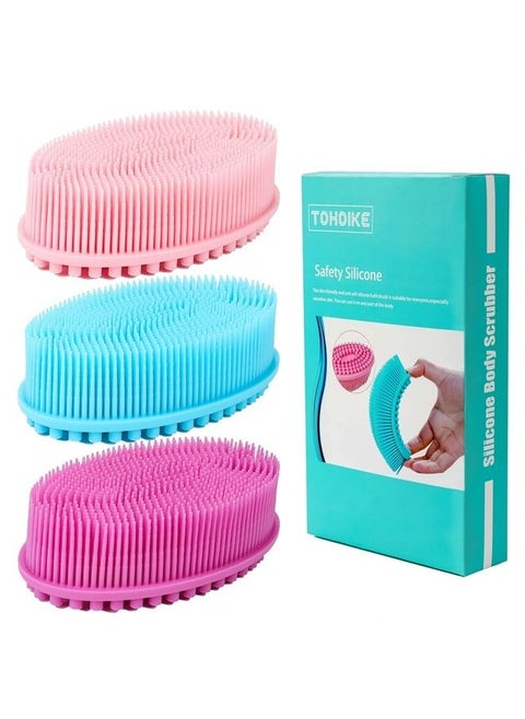 Silicone Body Scrubber Loofah - Set of 3 Soft Exfoliating Body Bath Shower Scrubber Loofah Brush for Sensitive Kids Women Men All Kinds of Skin