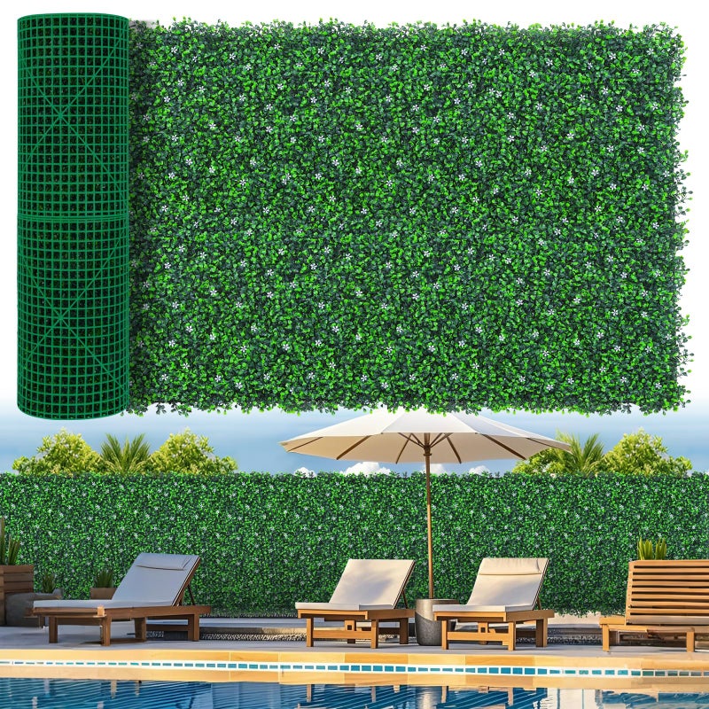 Grooy Artificial Boxwood Roll Panels with Flowers,40"x 120"(33.33 sq.ft) UV-Anti Faux Ivy Leaves Privacy Fence Screen Grass Wall Roll Panels for Indoor Home Decor and Outdoor Garden Backyard - Image 1