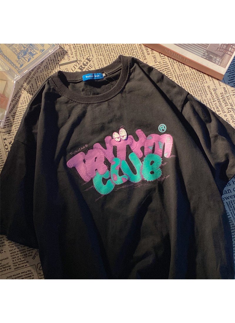 Generic Oversize Japanese Style Student Cute Cartoon Short Sleeve T-shirts Womens Fashion Summer New Loose Fit Couple Costume Top Black (milk Silk) 