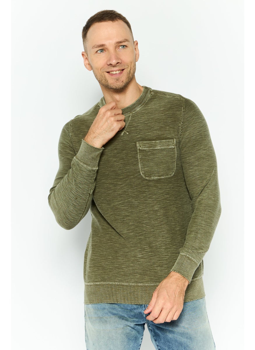 TRUE GRIT - Men Crew Neck Textured Sweatshirts, Olive - Image 1