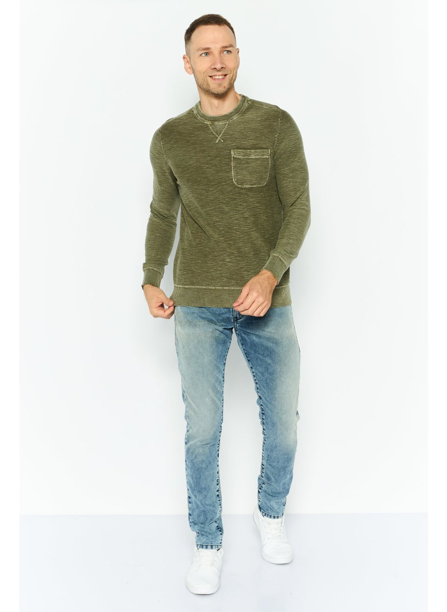 TRUE GRIT - Men Crew Neck Textured Sweatshirts, Olive - Image 1