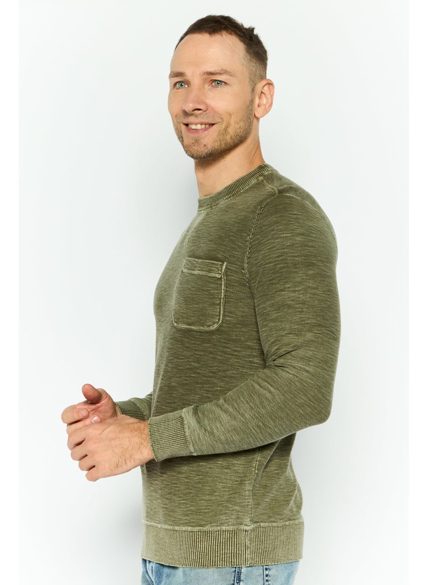 TRUE GRIT - Men Crew Neck Textured Sweatshirts, Olive - Image 1