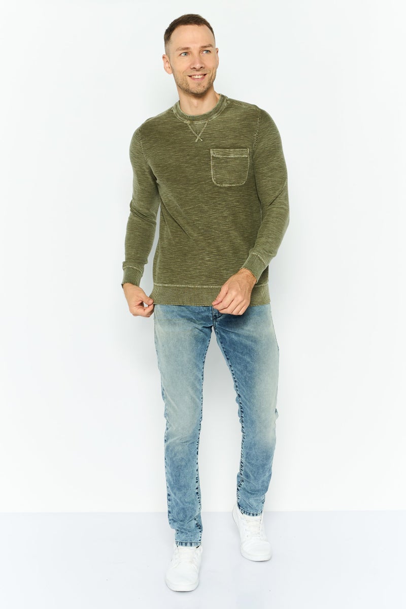 TRUE GRIT Men Crew Neck Textured Sweatshirts, Olive - Image 2