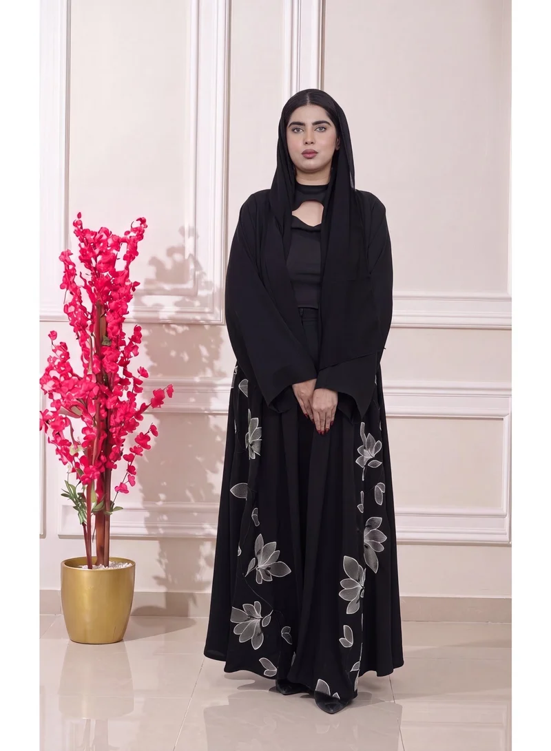 Fashion Line FASHION LINE Blossom Elegance Black A-Line Abaya with Premium Lower Floral Embroidery & Matching Hijab