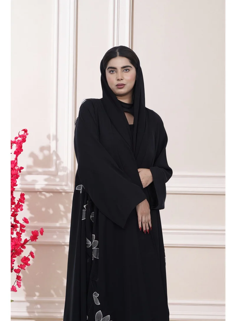 Fashion Line FASHION LINE Blossom Elegance Black A-Line Abaya with Premium Lower Floral Embroidery & Matching Hijab