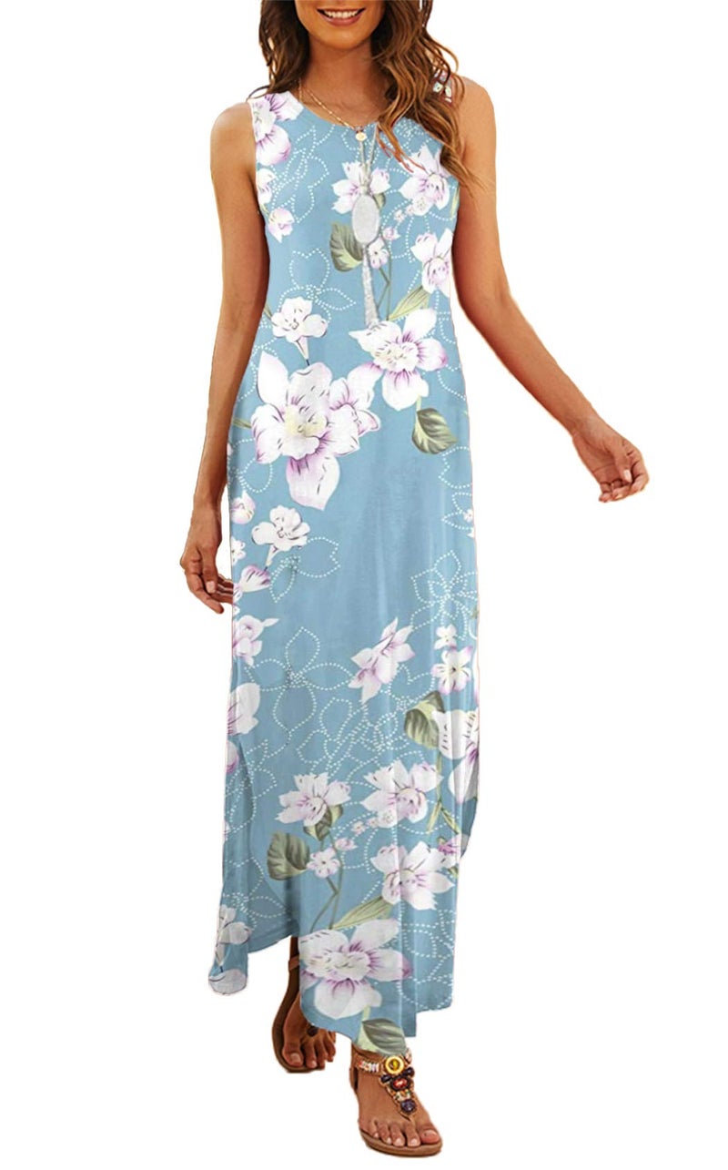 Hount Womens Summer Sleeveless Floral Print Dress Side Split Maxi Long Dresses with Pockets Flower Light Blue XXL - Image 1