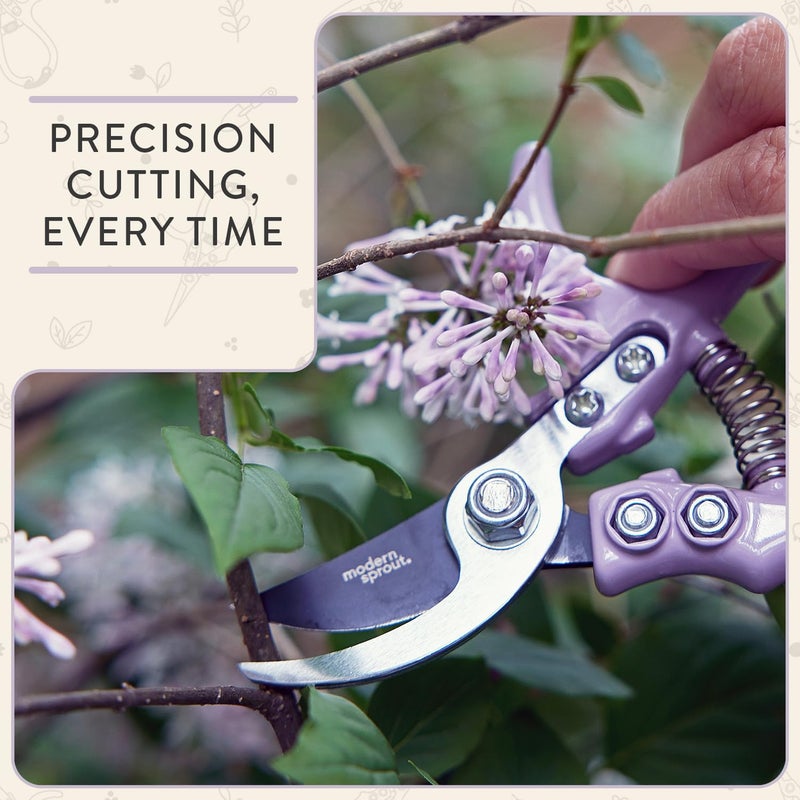 Modern Sprout Hand Pruners - Lightweight Pruning Shears W/Easy Lock- Gardening Scissors - Bypass Sharp Carbon Steel Blade - Rust Resistant - Garden Tools - Reusable Holster - Lavender - Image 2