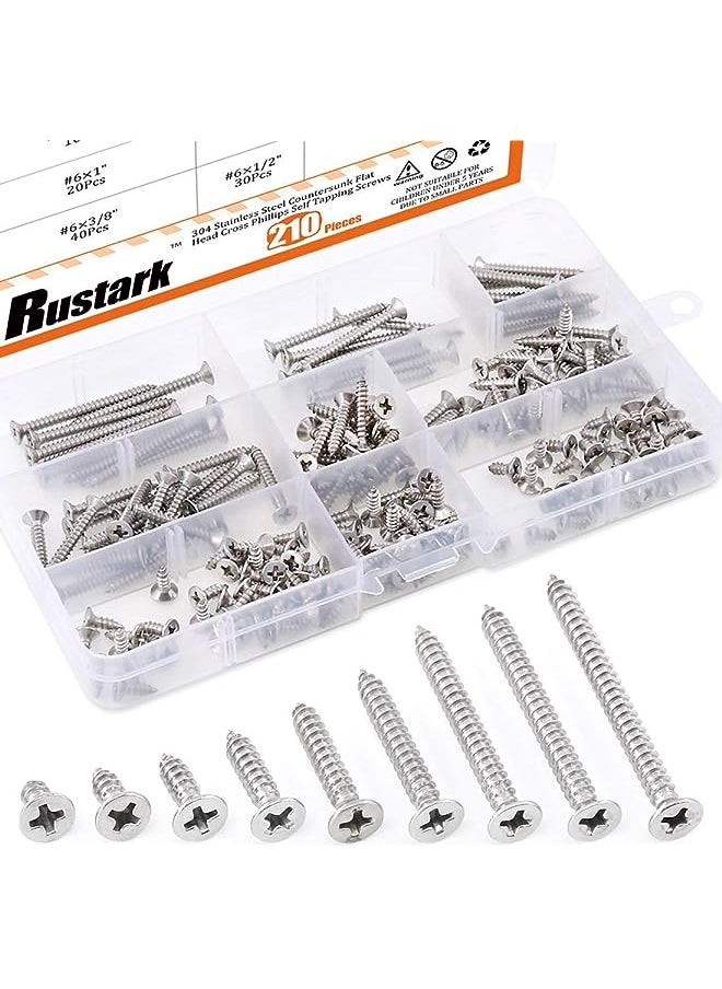 Rustark - 210Pcs [#6 5/16'' to 1/2''] 304 Stainless Steel Flat Head Phillips Cross Wood Screw Drive Self-Drilling Screws Assortment Kit - Image 1